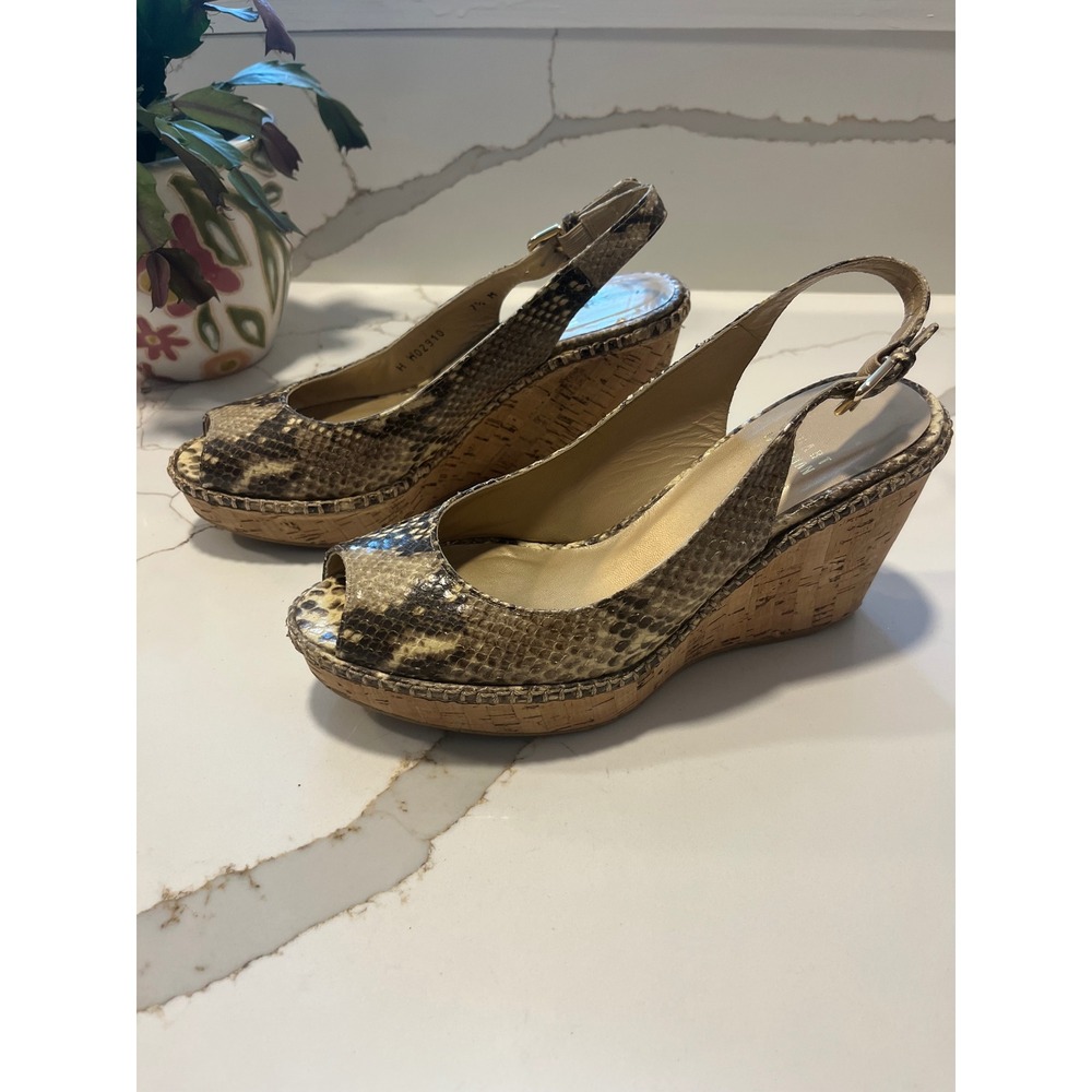 Stuart Weitzman Snakeskin Embossed Cork Wedge Slingback Sandals Brown 7.5 M - Picture 4 of 8